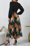 Elegant Floral Print Patchwork Belted Contrast V Neck Pleated Dresses