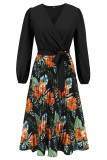 Elegant Floral Print Patchwork Belted Contrast V Neck Pleated Dresses