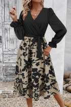 Elegant Floral Print Lace Up V Neck A Line Dresses