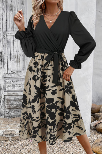 Elegant Floral Print Lace Up V Neck A Line Dresses