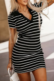 Casual Street Stripe Contrast V Neck Wrapped Skirt Short Sleeve Dress