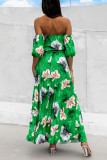 Sexy Floral Print Lace Up Pleated Off Shoulder Printed Dresses
