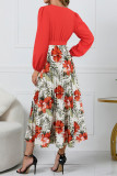Elegant Floral Print Patchwork Belted Contrast V Neck Pleated Dresses