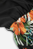 Elegant Floral Print Patchwork Belted Contrast V Neck Pleated Dresses