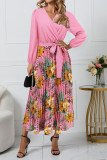 Elegant Floral Print Patchwork Belted Contrast V Neck Pleated Dresses