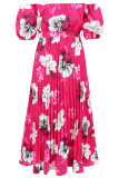 Sexy Floral Print Lace Up Pleated Off Shoulder Printed Dresses