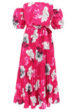 Sexy Floral Print Lace Up Pleated Off Shoulder Printed Dresses