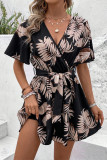 Casual Vacation Floral Print Lace Up V Neck Loose Rompers