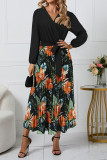 Elegant Floral Print Patchwork Belted Contrast V Neck Pleated Dresses