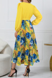 Elegant Floral Print Patchwork Belted Contrast V Neck Pleated Dresses