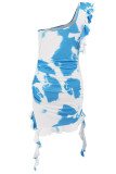 Sexy Gradient Print Ruffle Irregular Contrast Sloping Shoulder Wrapped Skirt Dresses