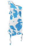 Sexy Gradient Print Ruffle Irregular Contrast Sloping Shoulder Wrapped Skirt Dresses