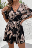 Casual Vacation Floral Print Lace Up V Neck Loose Rompers
