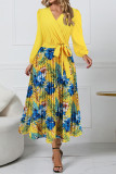 Elegant Floral Print Patchwork Belted Contrast V Neck Pleated Dresses