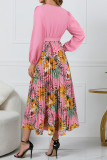 Elegant Floral Print Patchwork Belted Contrast V Neck Pleated Dresses