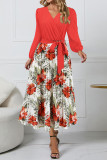 Elegant Floral Print Patchwork Belted Contrast V Neck Pleated Dresses