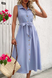 Elegant Solid Color Lace Up Buckle Turndown Collar Sleeveless Dresses