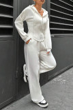 Casual Daily Solid Color Draw String Pocket Zipper Hooded Long Sleeve Two Pieces