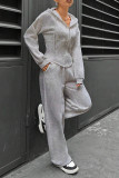 Casual Daily Solid Color Draw String Pocket Zipper Hooded Long Sleeve Two Pieces