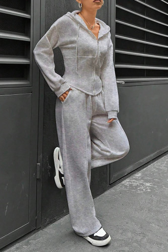 Casual Daily Solid Color Draw String Pocket Zipper Hooded Long Sleeve Two Pieces