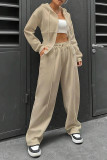 Casual Daily Solid Color Draw String Pocket Zipper Hooded Long Sleeve Two Pieces