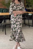 Elegant Floral Print Fishtail O Neck Fishtail Dresses