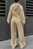 Casual Daily Solid Color Draw String Pocket Zipper Hooded Long Sleeve Two Pieces