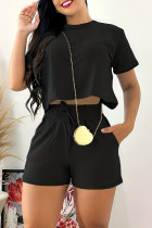 Casual Daily Solid Color Pocket Lace Up O Neck Short Sleeve Two Pieces