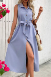 Elegant Solid Color Lace Up Buckle Turndown Collar Sleeveless Dresses