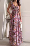 Sexy Vacation Floral Print Backless Strap Design V Neck Printed Dresses