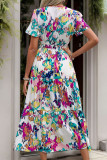 Elegant Geometric Print Contrast O Neck A Line Short Sleeve Dress