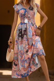 Bohemian Vacation National Totem Print Fringed Trim Lace Up V Neck A Line Dresses