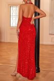 Sexy Prom Solid Color Sequins Backless Slit V Neck Evening Dresses