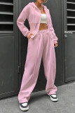 Casual Daily Solid Color Draw String Pocket Zipper Hooded Long Sleeve Two Pieces