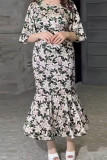 Elegant Floral Print Fishtail O Neck Fishtail Dresses