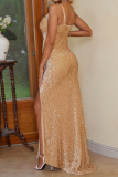 Sexy Prom Solid Color Sequins Slit V Neck Evening Dresses