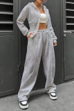 Casual Daily Solid Color Draw String Pocket Zipper Hooded Long Sleeve Two Pieces