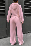 Casual Daily Solid Color Draw String Pocket Zipper Hooded Long Sleeve Two Pieces