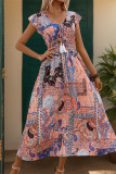 Bohemian Vacation National Totem Print Fringed Trim Lace Up V Neck A Line Dresses