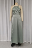 Sexy Solid Color Backless Slit Strap Design Halter Sleeveless Dresses