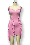 Sexy Solid Color Backless Ruffle V Neck Wrapped Skirt Dresses