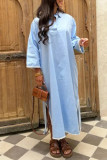 Solid Color Embroidered Patchwork Slit Turndown Collar Long Sleeve Dresses