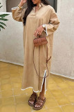 Solid Color Embroidered Patchwork Slit Turndown Collar Long Sleeve Dresses