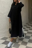 Solid Color Embroidered Patchwork Slit Turndown Collar Long Sleeve Dresses