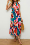 Casual Vacation Geometric Print Lace Up Contrast Mandarin Collar Printed Dresses