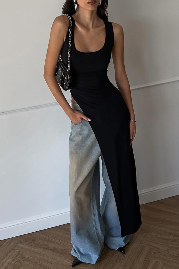 Sexy Street Solid Color Slit Irregular U Neck T-Shirts