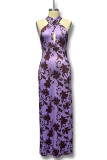 Sexy Vacation Floral Print Hollow Out Backless Halter One Step Skirt Dresses