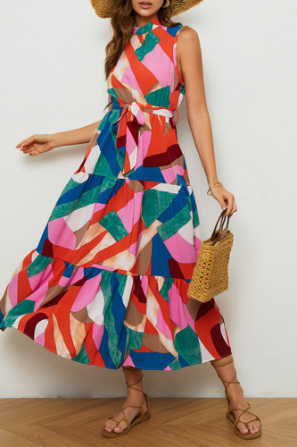 Casual Vacation Geometric Print Lace Up Contrast Mandarin Collar Printed Dresses