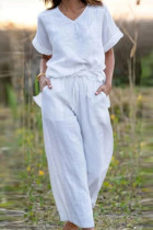 Casual Daily Solid Color Pocket V Neck Short Sleeve Two Pieces