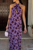 Sexy Vacation Floral Print Hollow Out Backless Halter One Step Skirt Dresses